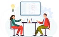 Man and woman working together at the laptop, discussing business project, teamwork in co working space, online conference concept Royalty Free Stock Photo