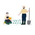 Man and woman works in garden or backyard. Woman waters seedlings. Man stands with a shovel. Spring or summer gardening