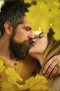 Man and woman at yellow tree leaves. Royalty Free Stock Photo