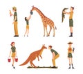 Man and Woman Zookeeper Engaged in Daily Care of Animal Vector Set Royalty Free Stock Photo