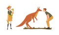 Man and Woman Zookeeper with Kangaroo and Snake Engaged in Daily Care of Animal Vector Set