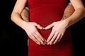 Man and womans hands on pregnant belly forming a heart