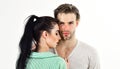 Man and woman couple in love cuddle or hug on white background. Valentines day and love. Romantic feelings concept