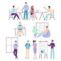 Man, women free co-working on computers, laptops with inspiration on workplaces modern office hand drawn vector