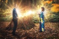 Man and woman heal each other with healing energy. Pranic healing. Royalty Free Stock Photo