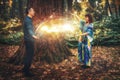 Man and woman heal each other with healing energy. Pranic healing. Royalty Free Stock Photo