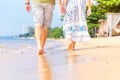 Man and women hold one`s hand on the beach and front of sunset. they are couple. they are walking on the sand and water