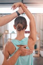 Man, woman or physiotherapy on arm injury, back tension or shoulder nerve pressure on sports athlete or personal trainer