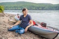 Man and woman ready for kayaking in the sea on background of island. Kayaking concept.Kayaking concept with family of Royalty Free Stock Photo