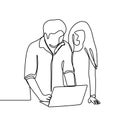 A man and women talking and discussing their project with a laptop continuous line drawing illustration minimalist design