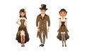 Man and Women Wearing Retro Stylish Steampunk Clothes Set Cartoon Vector Illustration
