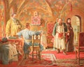 Man with wondering looks at old man and girl in the Impostor and Xenia by Nevrev in a vintage book gallery of Russian Painters,