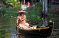 Man in the wooden boat in kerala backwaters Royalty Free Stock Photo