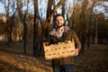 Man with wooden box of yellow ripe golden apples in the orchard farm. Grower harvesting in the garden is holding organic Royalty Free Stock Photo