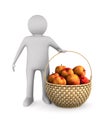 Man and wooden wicker basket and apples on white background. Isolated 3D illustration