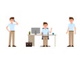 Man at work cartoon character. Vector illustration of talking on phone, sitting at the desk, standing office clerk.