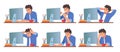 Man work character. Computer at desk, young male employee working on laptop, sad or stress, happy and angry emotions Royalty Free Stock Photo