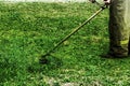 Man in work clothes mows green grass with a trimmer Royalty Free Stock Photo