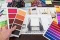 Man work with Color palette and house apartament sketch for creative design home Royalty Free Stock Photo