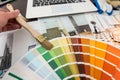 Man work with Color palette and house apartament sketch for creative design home Royalty Free Stock Photo