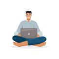 Man work with computer. Freelancer with laptop. Flat cartoon style