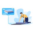 Man work with floor, cement construction tool, vector illustration. Worker at home, professional renovation with mortar