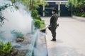 Man work fogging to eliminate mosquito for preventing spread dengue fever and zika virus Royalty Free Stock Photo