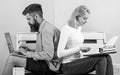 Man work use modern stylish laptop and woman work retro typewriter. Try new technology. Can not get used new Royalty Free Stock Photo