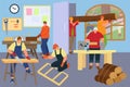 Man work with wood, carpenter person at workshop, vector illustration. People group character use special carpentry