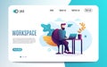 A man at work. Working at a laptop. Flat Colorful style.Workplace. Web page template. Vector illustration