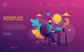 A man at work. Working at a laptop. Flat Colorful style.Workplace. Web page template. Violet Background.Vector illustration