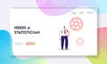 Man Workaholic Routine, Science Statistics Landing Page Template. Male Character Stand at Gears and Cogwheel