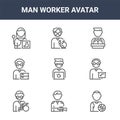 9 man worker avatar icons pack. trendy man worker avatar icons on white background. thin outline line icons such as basketball