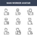 9 man worker avatar icons pack. trendy man worker avatar icons on white background. thin outline line icons such as web Royalty Free Stock Photo