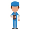 Man worker blue uniform clipboard and cap