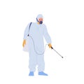 Man worker character wearing hazmat overalls of disinfection spraying toxic poison against pests