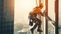 The man worker climbing at construction site with helmet and uniform for works at height outside building. Generative Ai