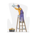 Man Worker Electrician Character Standing on Ladder in Living Room Hanging Lamp on Ceiling, Changing Burnt Light Bulbs Royalty Free Stock Photo