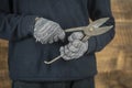 Man worker hand holding a old metal scissors, closeup, concept for repair work Royalty Free Stock Photo