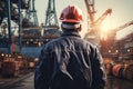 Man worker with hardhat control inspection at cargo container transportion ship port warehouse. Industrial port