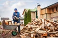 A man worker loads firewood into a wheelbarrow for heating the house,