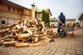 A man worker loads firewood into a wheelbarrow for heating the house,