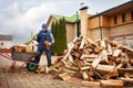 A man worker loads firewood into a wheelbarrow for heating the house,