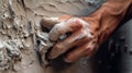 Man worker plasterer work with white wall polishing and sanding surface after putty for painting in new apartment banner Royalty Free Stock Photo