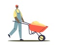 Man worker pushing wheelbarrow. Cartoon male character in uniform lift wheel barrow