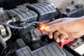Man worker service engine mechanic garage. Car repair. Transportation repair service concept. Auto mechanic repairing car