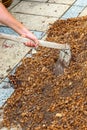 Man worker using hoe equipment on the soil clay dirt Royalty Free Stock Photo