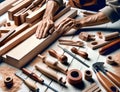 Carpenters hands working crafting wooden furniture. generative Ai