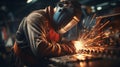 Man worker working with a metal product and welding it with a arc welding machine in a workshop. Industrial manufacturing. Welding Royalty Free Stock Photo