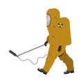 Man Worker in Yellow Protective Suit Measuring Level of Radioactive Waste Vector Illustration